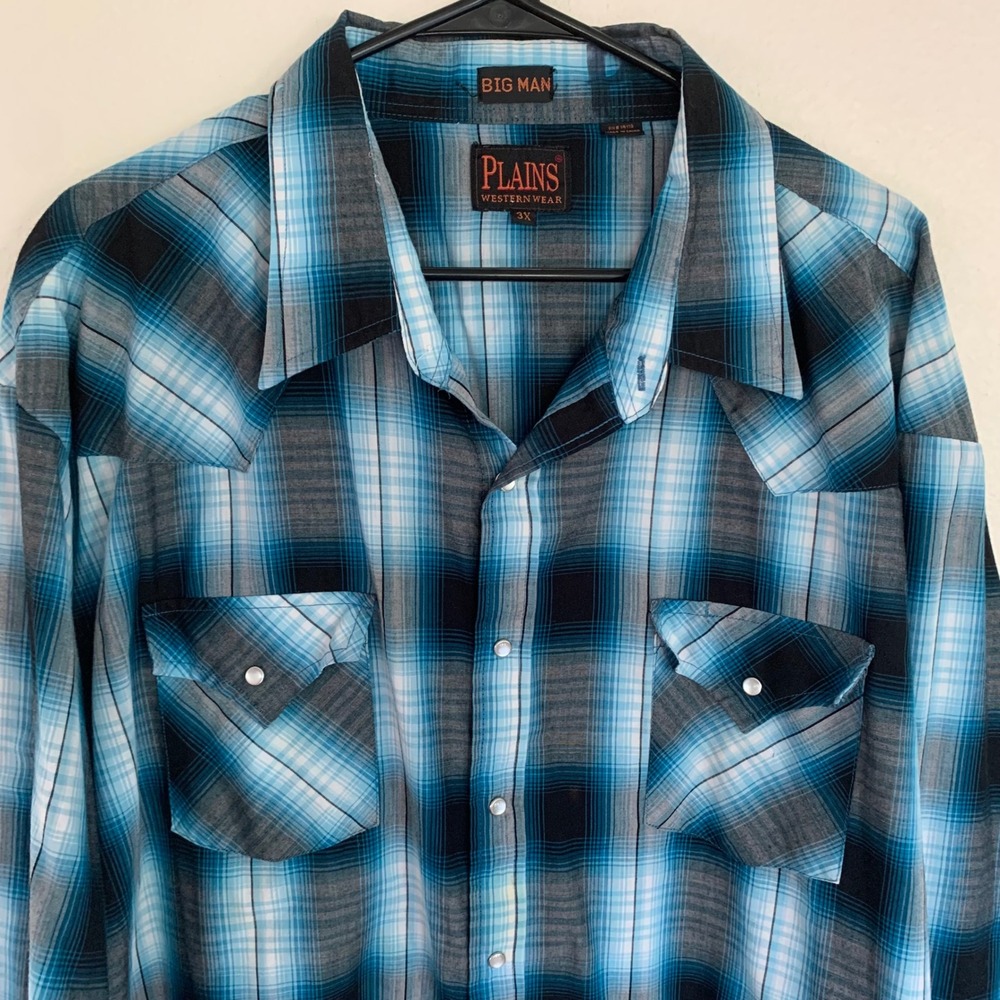 Plains 3X Big Man Western Shirt Blue Plaid Pearl‎ Snap Long Sleeve Cowboy